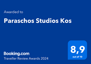 Booking.com Traveller Review Award 2024 — Paraschos Studios Kos, rated 8.9 out of 10